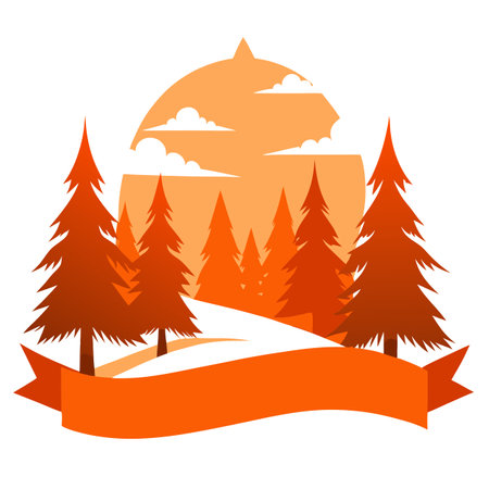 Winter Trees Silhouetted in Orange Fog. Dramatic. Snow covered Woodland scene. Seasonal Banner.. AI generated. Vector iconのイラスト素材