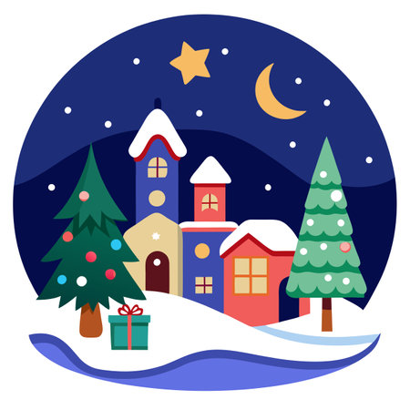 Wonderland winter christmas night. Houses xmas tree with snow. . AI generated. Vector iconのイラスト素材