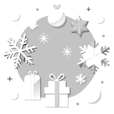 White and Silver Christmas flat lay mockup background with snowflakes and presents. AI generated. Vector iconのイラスト素材