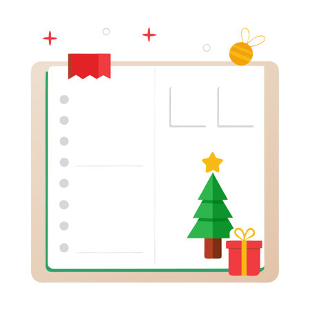 White blank flat lay empty mock up of open planner with Christmas tree and decorations. AI generated. Vector iconのイラスト素材
