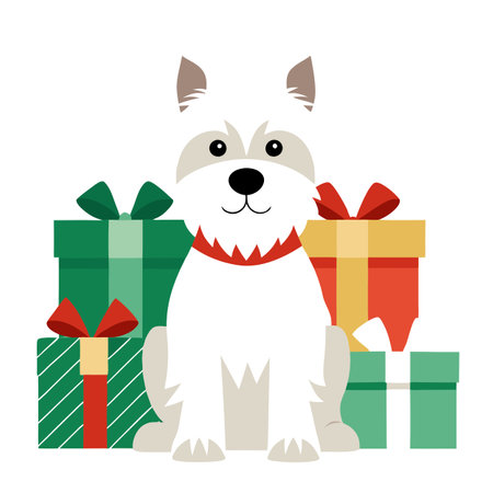 West Highland White Terrier dog between christmas presents. AI generated. Vector iconのイラスト素材