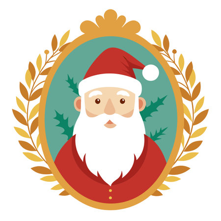 Vintage christmas greeting card of Santa in a golden frame with foliage. AI generated. Vector iconのイラスト素材