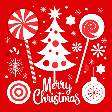 Red Holiday Background with 'Merry Christmas' Lollipops and Snowflakes. AI generated. Vector iconのイラスト素材