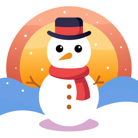 Slow motion video of a Cute Snowman with Scarf and Hat in a Snowy Sunset. AI generated. Vector iconのイラスト素材