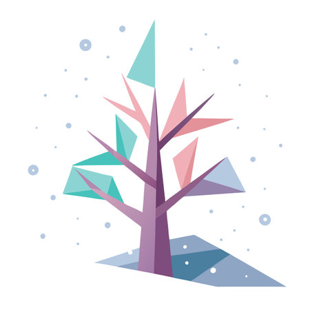 Geometric origami tree in pastel winter wonderland with soft snowflakes. AI generated. Vector iconのイラスト素材