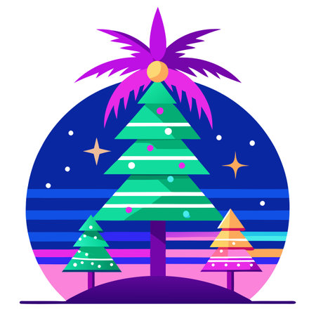 Vibrant neon christmas tree in tropical setting for holiday celebration. AI generated. Vector iconのイラスト素材