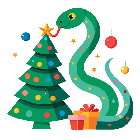 A curious snake investigates colorful decorations near the Christmas tree. AI generated. Vector icon