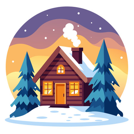 Cozy log cabin with lights in snowy forest during gentle snowfall at sunset.. AI generated. Vector iconのイラスト素材