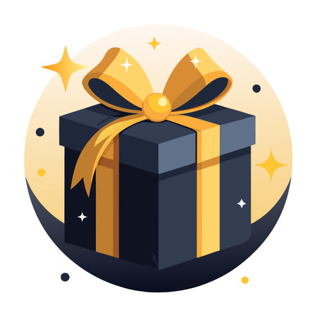 Video of a Black Gift Box with Golden Ribbon and Sparkling Lights Background. AI generated. Vector iconのイラスト素材