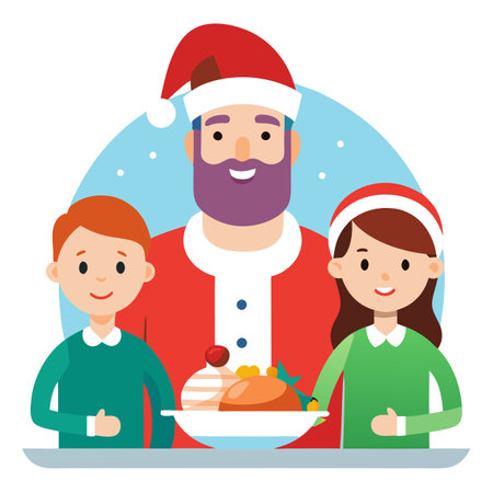 Morphing Christmas dinner scene with father and his daughter. Santa Claus hat. AI generated. Vector iconのイラスト素材