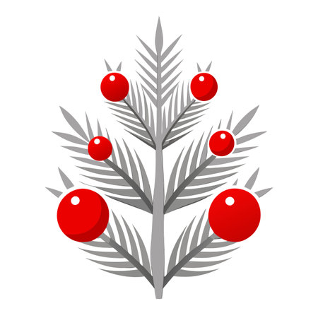 Silver pine branches with red ornaments are arranged on a gray textured surface. AI generated. Vector iconのイラスト素材