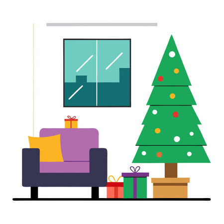 Contemporary Living Room with Sleek Christmas Tree and Colorful Presents. AI generated. Vector iconのイラスト素材