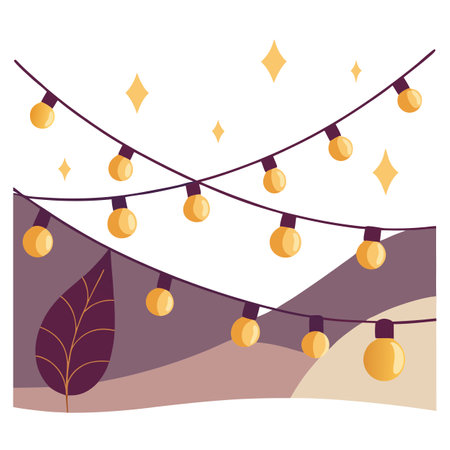 Strings of fairy lights create a warm, inviting atmosphere in the evening. AI generated. Vector iconのイラスト素材