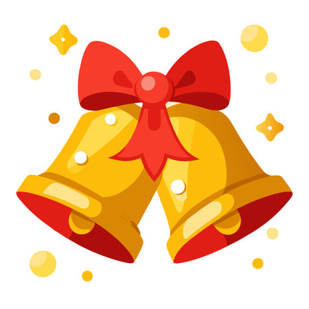 Golden Bells with Red Bow and White Flashes on a Background of Golden Highlights. AI generated. Vector iconのイラスト素材