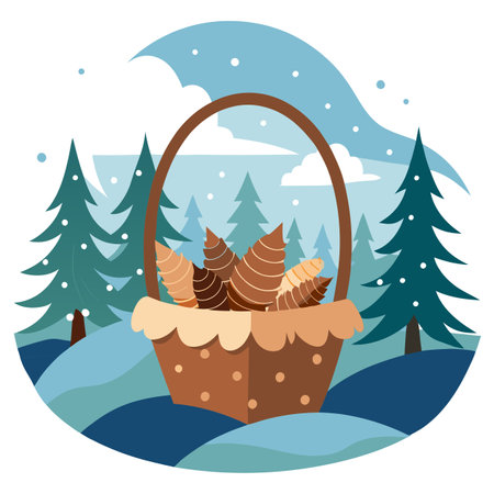 A Beautiful Winter Basket Filled with Pinecones Set Amidst a Peaceful Snowy Forest. AI generated. Vector iconのイラスト素材