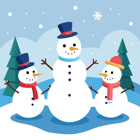 Three snowmen standing in a snowy winter park, offering a playful, festive scene.. AI generated. Vector iconのイラスト素材