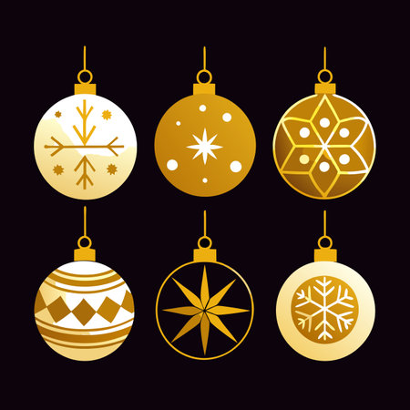 Six gold Christmas ornaments with various designs are displayed on a dark background. AI generated. Vector iconのイラスト素材