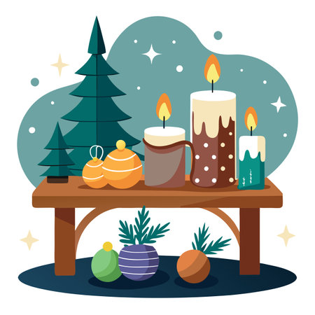 Cozy holiday decorations with candles and ornaments on rustic wooden table at night. AI generated. Vector iconのイラスト素材