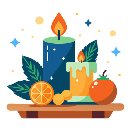 Burning candle tangerines fir branch on wooden table on Christmas night 4k animation. AI generated. Vector iconのイラスト素材