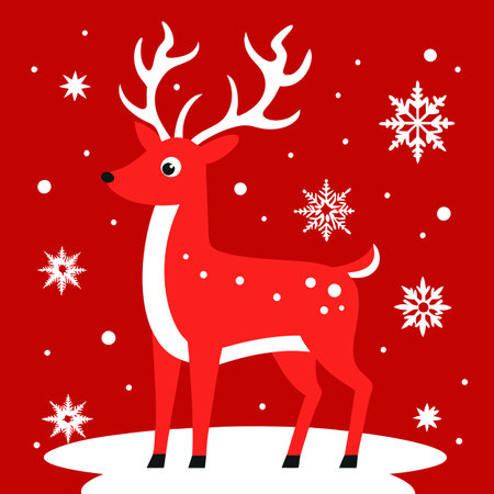 A red reindeer stands against a red background with white snowflakes falling around it. AI generated. Vector iconのイラスト素材