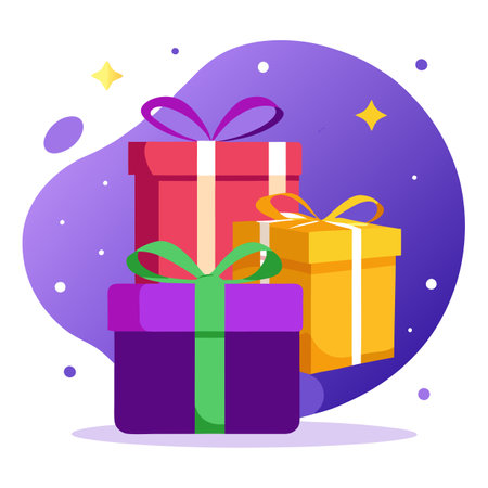 Three wrapped gifts float in the air against a purple background with white sparkles. AI generated. Vector iconのイラスト素材