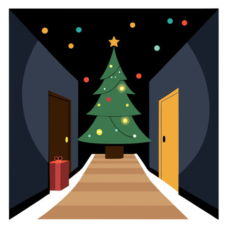 A dimly lit hallway with a decorated Christmas tree in the distance and fairy lights.. AI generated. Vector iconのイラスト素材