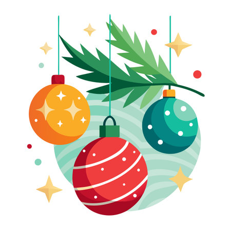 Close-up of Christmas ornaments hanging on a decorated tree, reflecting holiday lights.. AI generated. Vector iconのイラスト素材
