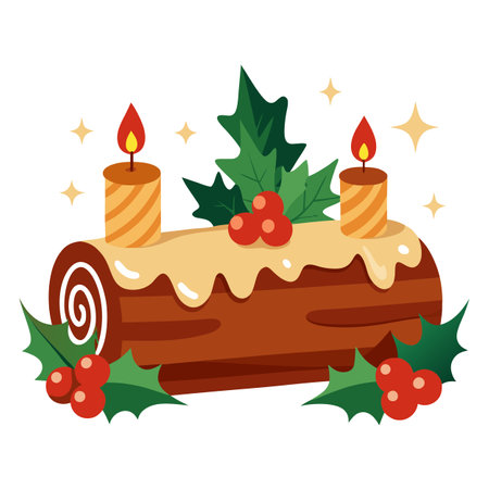 Traditional Christmas yule log cake decorated with holly, candles, and festive ornaments.. AI generated. Vector iconのイラスト素材
