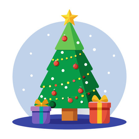 Static video of a decorated christmas tree with presents underneath, spotlight lighting.. AI generated. Vector iconのイラスト素材