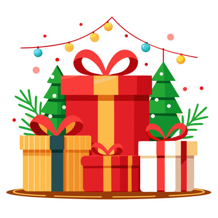 Festive Christmas gifts with red ribbons and decorations on wooden table with warm lights. AI generated. Vector iconのイラスト素材