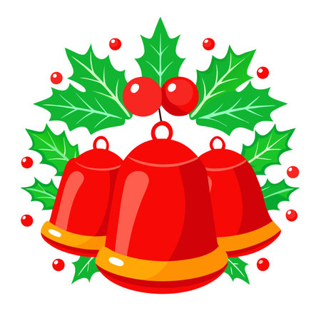 Three red bells sit on a wooden surface, surrounded by evergreen branches and red berries. AI generated. Vector iconのイラスト素材