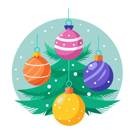 Vibrant Close-Up of Christmas Ornaments on a Snowy Pine Tree Adorned with Twinkling Lights. AI generated. Vector iconのイラスト素材