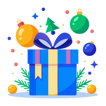 Christmas gift box with blue ribbon surrounded by ornaments in snow under festive lights. . AI generated. Vector iconのイラスト素材