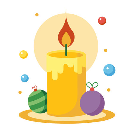 Large yellow candle burning with blurry background of lit candles and Christmas ornaments. AI generated. Vector iconのイラスト素材