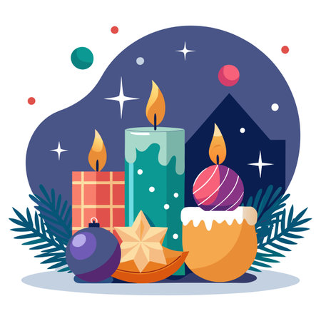 Festive Christmas decorations with glowing candles and ornaments in a cozy setting. AI generated. Vector iconのイラスト素材