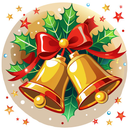 Festive Golden Christmas Bells with Red Ribbon Against Sparkling Lights. AI generated. Vector iconのイラスト素材