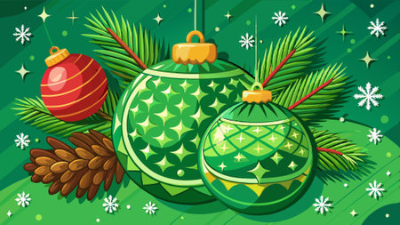 A green background with two green Christmas ornaments and two pine cones. AI generated. Vector iconのイラスト素材
