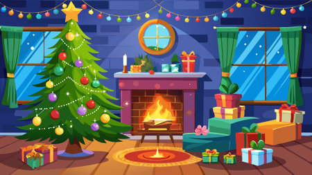 Christmas tree with decoration in living room in front of the fireplace. AI generated. Vector iconのイラスト素材