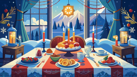 Elegant Christmas Dinner Table with Candles and a Scenic Snowy Window View. AI generated. Vector iconのイラスト素材