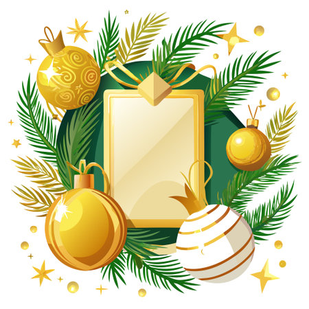 A blank card sits on a table with golden ornaments and pine branches nearby. AI generated. Vector iconのイラスト素材