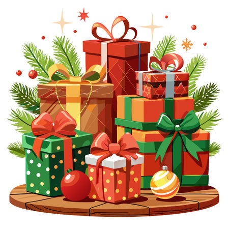 Festive Christmas gifts with red ribbons and decorations on a wooden table. AI generated. Vector iconのイラスト素材