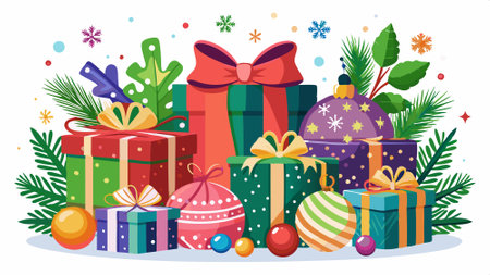 Christmas gifts with colorful Christmas decorations on a white background.. AI generated. Vector iconのイラスト素材
