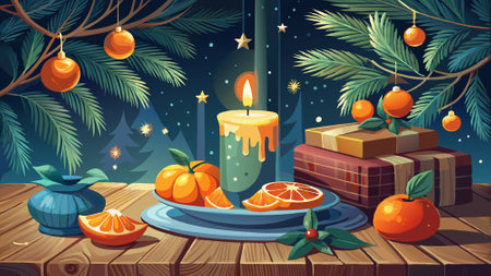 Burning candle, tangerines, fir branch on wooden table on Christmas night. AI generated. Vector iconのイラスト素材