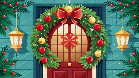 Festive holiday wreath decoration with red and gold ornaments at a front door. AI generated. Vector iconのイラスト素材