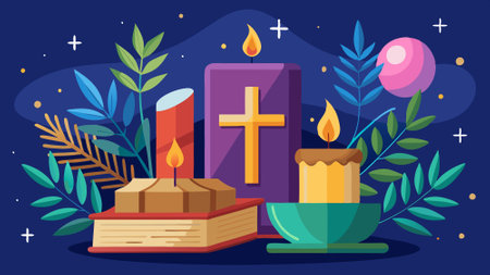 Bible and cross with a candle around culture and religion Jesus Christianity. AI generated. Vector iconのイラスト素材