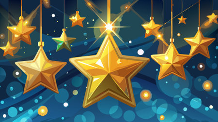 Golden star ornaments hang in front of a blurry background of twinkling lights. AI generated. Vector iconのイラスト素材