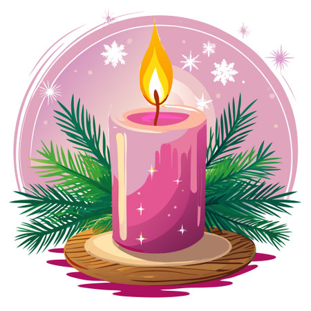 Soft Pink Candle Burning Against a Pine Branch Background on Christmas Eve. AI generated. Vector iconのイラスト素材