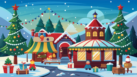 Christmas Market, Christmas Village, Christmas tree, Snowy Christmas scenery. AI generated. Vector iconのイラスト素材