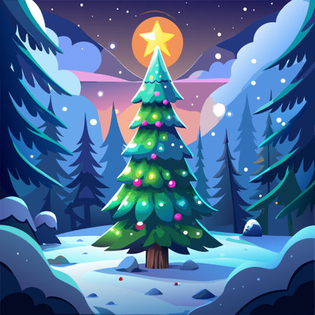 A glowing Christmas tree stands out in a snowy forest on a foggy winter night. AI generated. Vector iconのイラスト素材