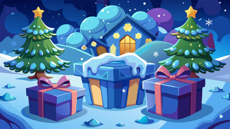 A Christmas scene with two blue boxes on the snow and a tree in the background. AI generated. Vector iconのイラスト素材